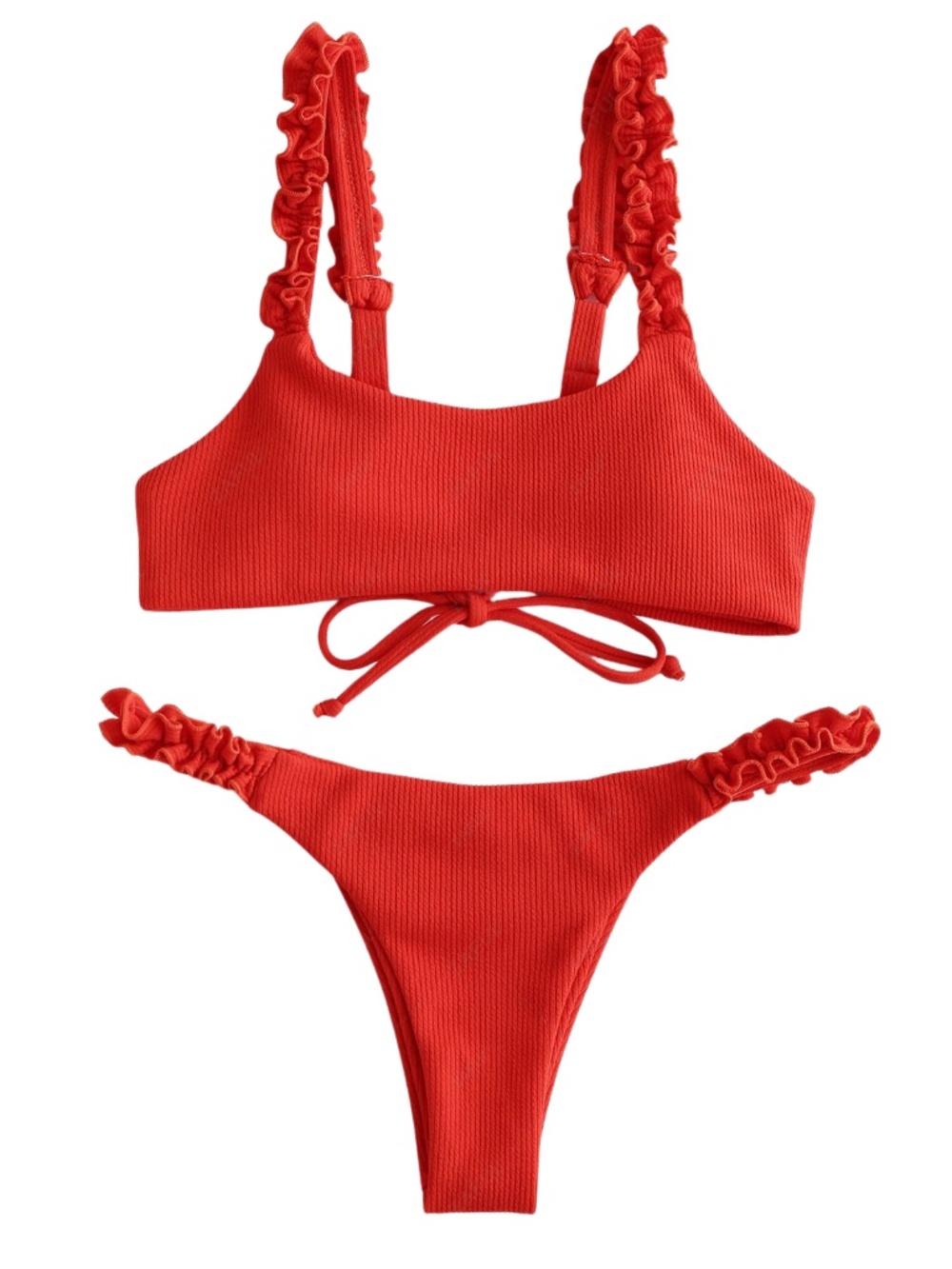 SHEIN Red Ruffle Bikini Set Small Ribbed Lace Up Padded Swimsuit NWT